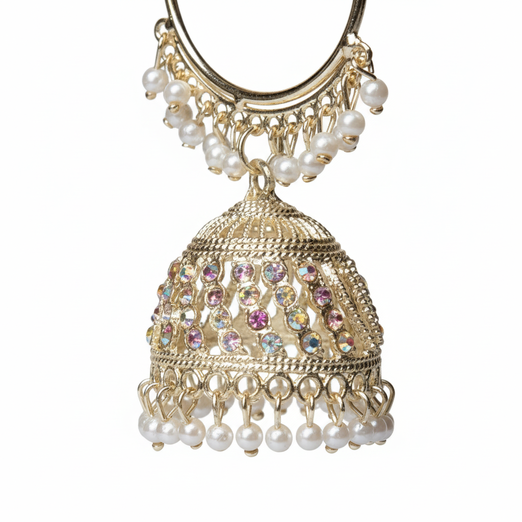 Aurora Gold Hoop Jhumka Earrings with Iridescent Stones & Pearls