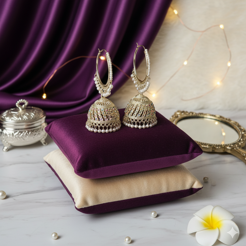 Aurora Gold Hoop Jhumka Earrings with Iridescent Stones & Pearls