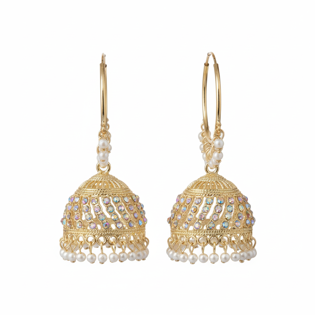 Aurora Gold Hoop Jhumka Earrings with Iridescent Stones & Pearls