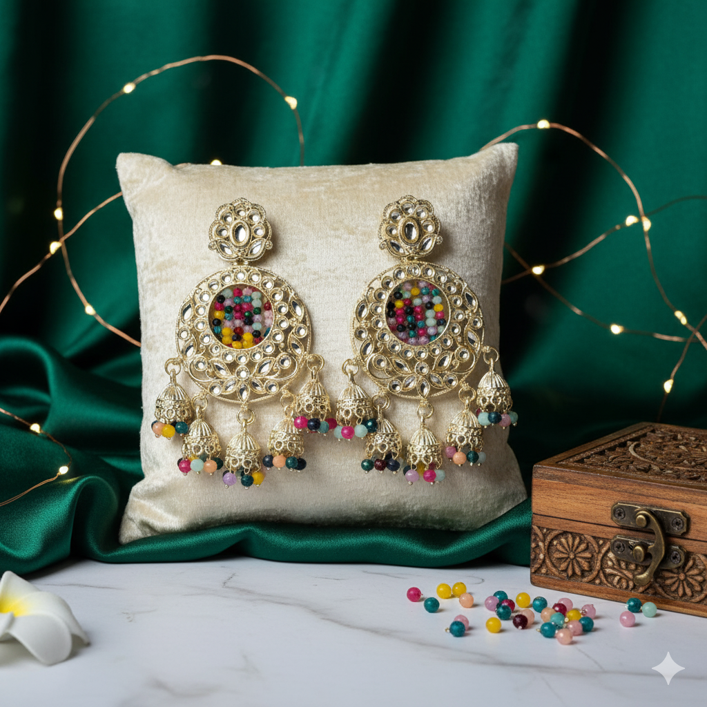 Navratna Heritage Kundan Chandelier Earrings – Multi-Tone Beaded Drops
