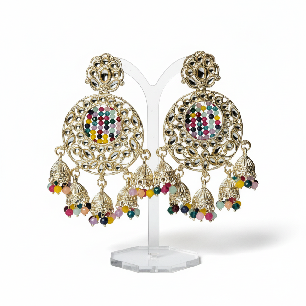 Navratna Heritage Kundan Chandelier Earrings – Multi-Tone Beaded Drops