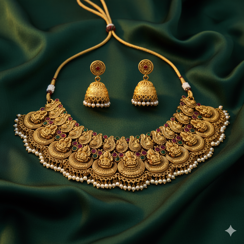 The "Mahalakshmi" Heavy Temple Motif Necklace & Earring Set