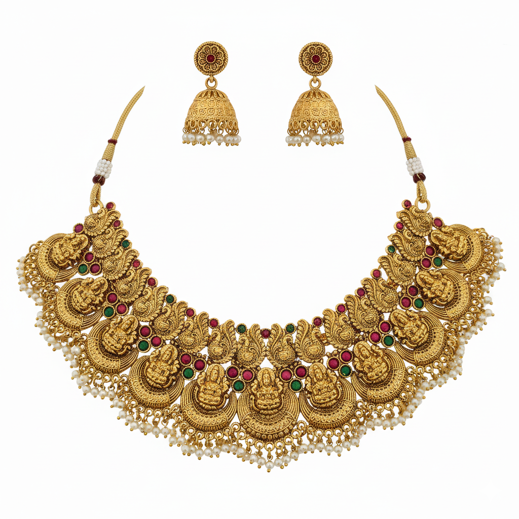 The "Mahalakshmi" Heavy Temple Motif Necklace & Earring Set