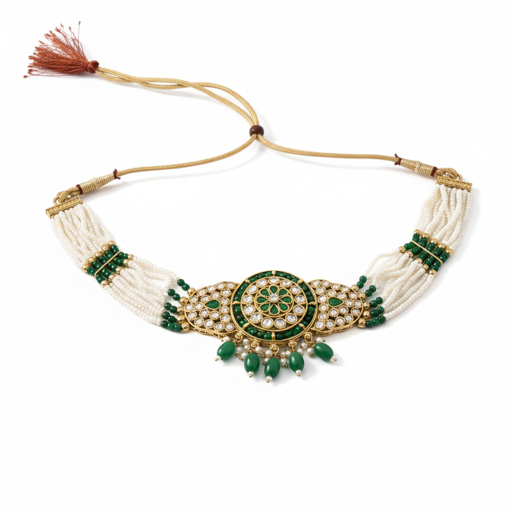 Royal Kundan Polki Choker Set with Multi-Strand Pearl & Green Bead Accent