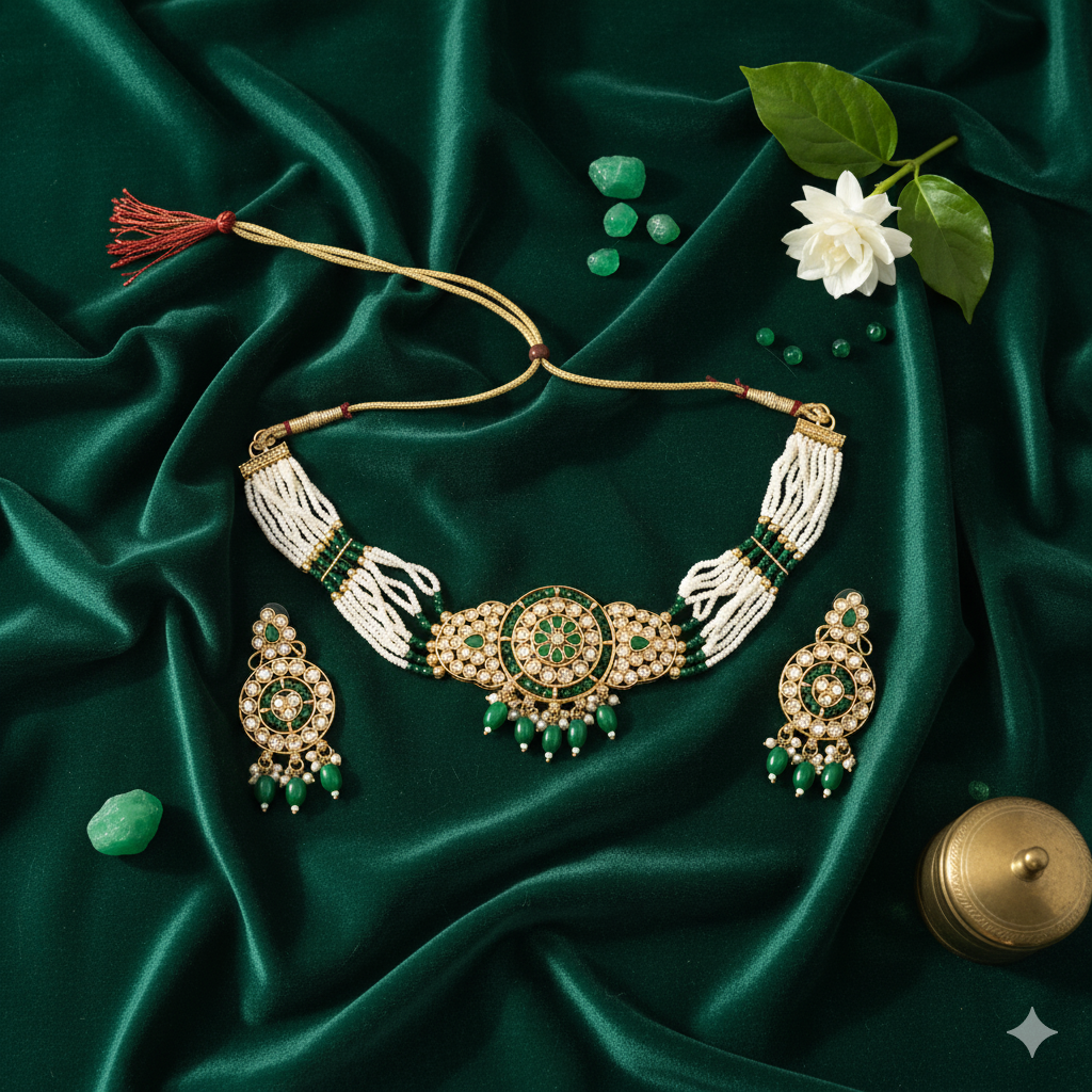 Royal Kundan Polki Choker Set with Multi-Strand Pearl & Green Bead Accent