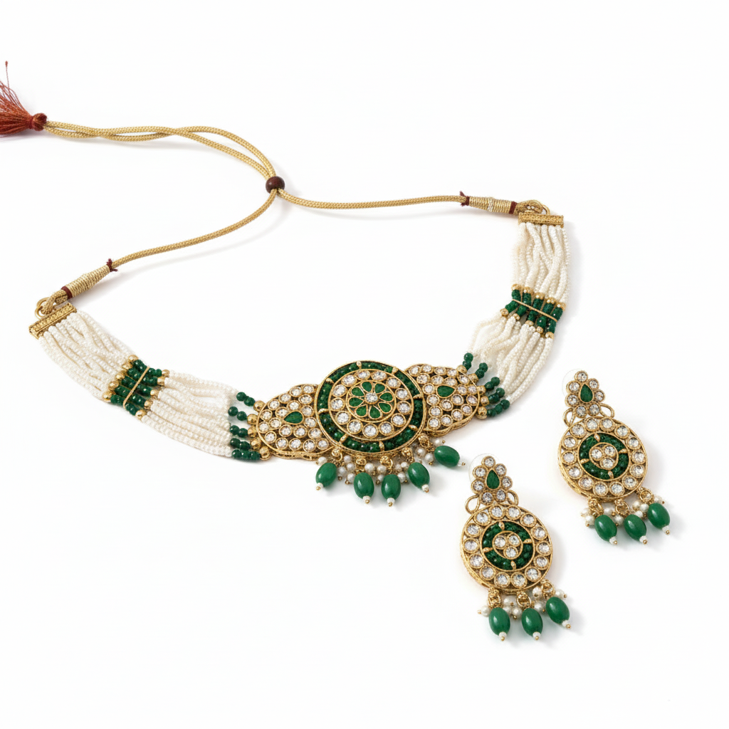 Royal Kundan Polki Choker Set with Multi-Strand Pearl & Green Bead Accent
