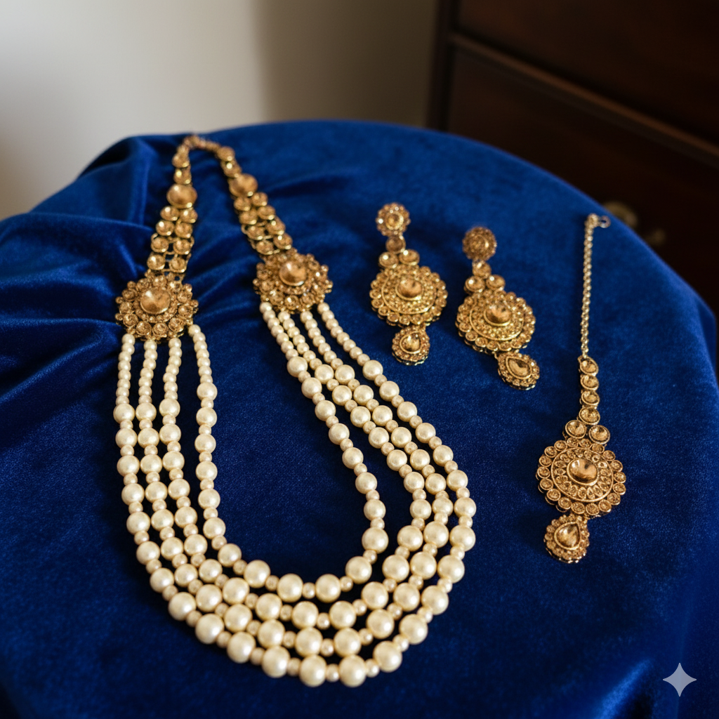 Grand Gold Toned Multi-Layer Pearl Rani Haar Set with Drop Earrings & Maang Tikka