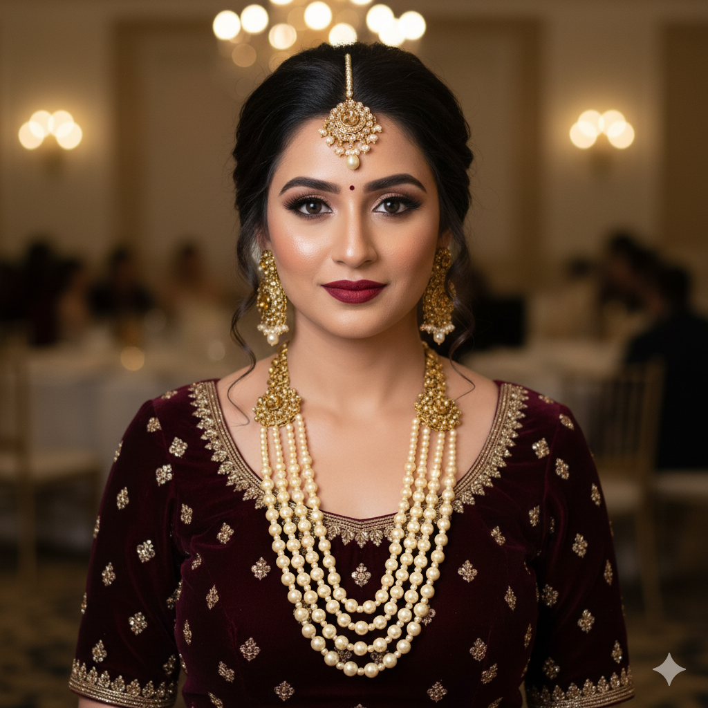 Grand Gold Toned Multi-Layer Pearl Rani Haar Set with Drop Earrings & Maang Tikka