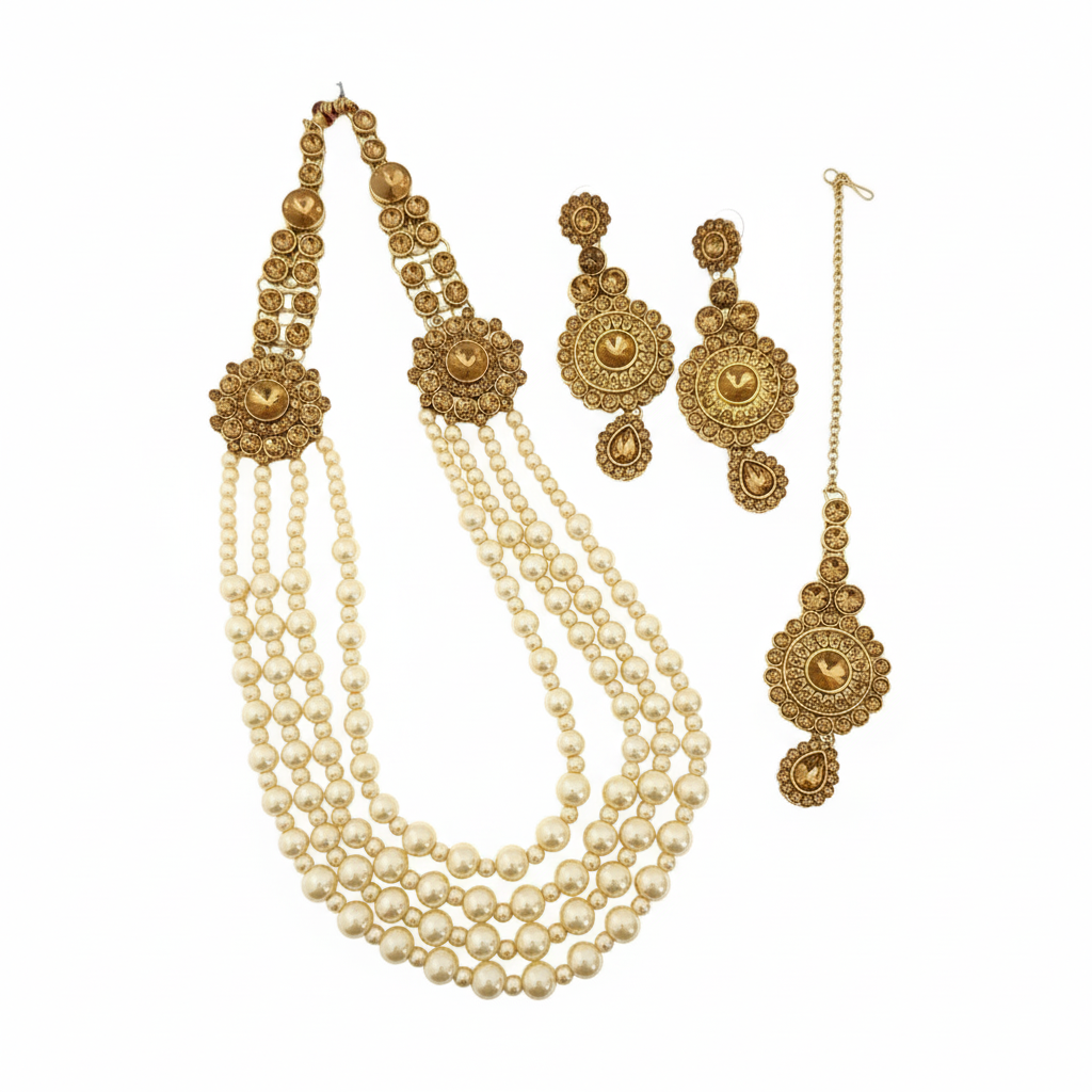 Grand Gold Toned Multi-Layer Pearl Rani Haar Set with Drop Earrings & Maang Tikka
