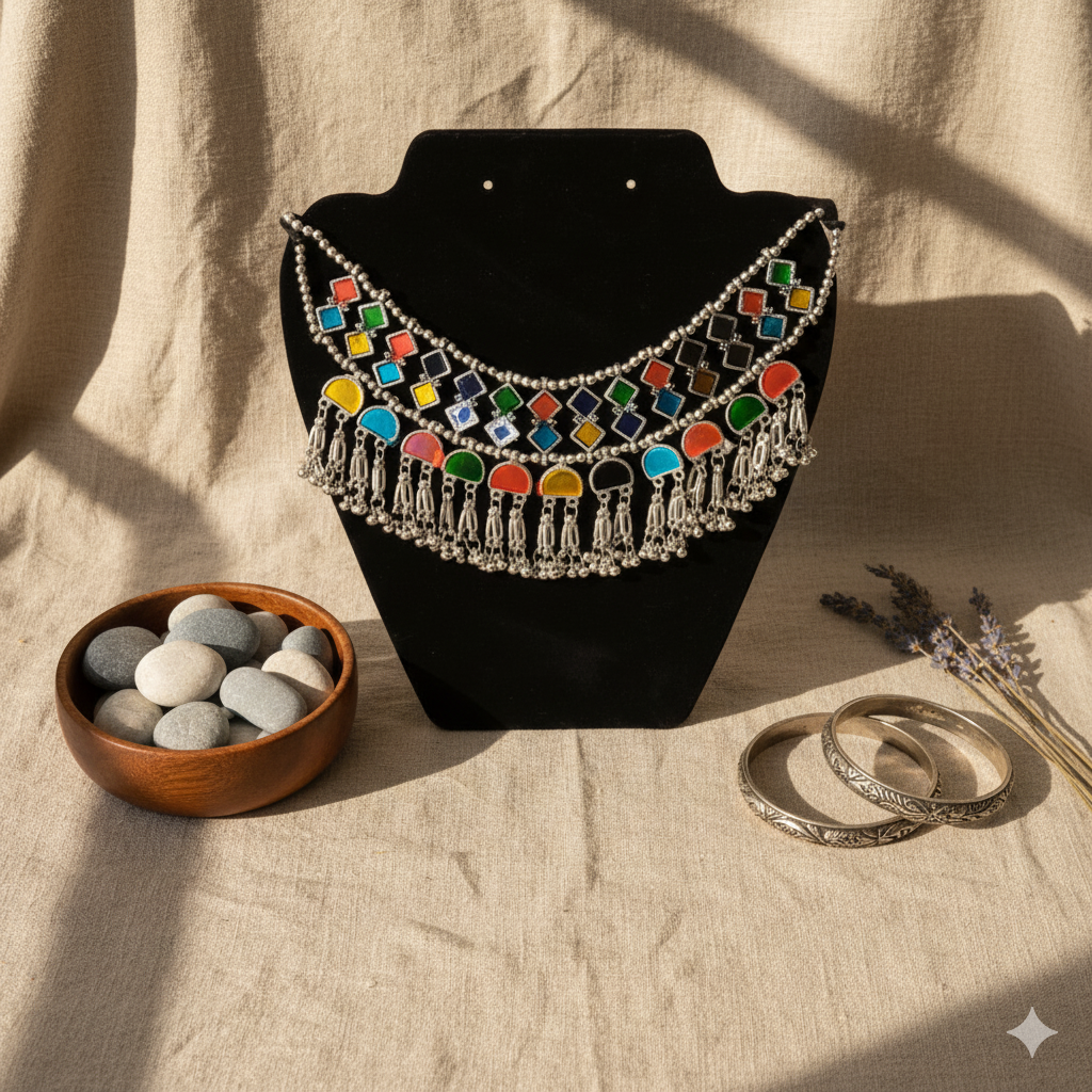 Tribal Oxidised Silver Look Multi-Colour Stone Choker Necklace