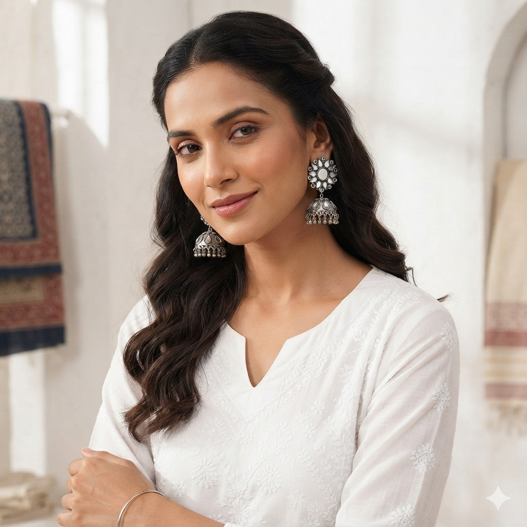 Heavy Oxidised Silver Look Mirror Work Designer Jhumka Earrings