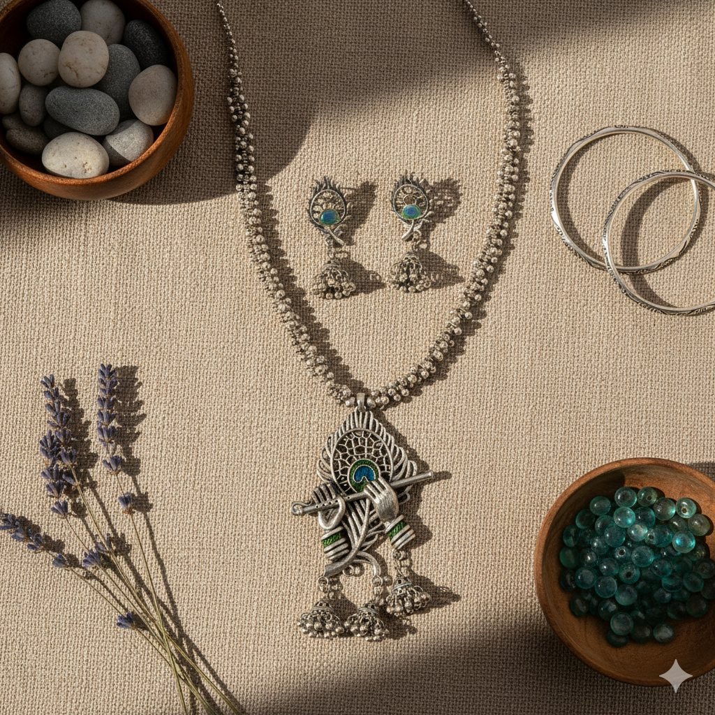 Oxidised Silver Look Lord Krishna Flute Pendant Necklace Set