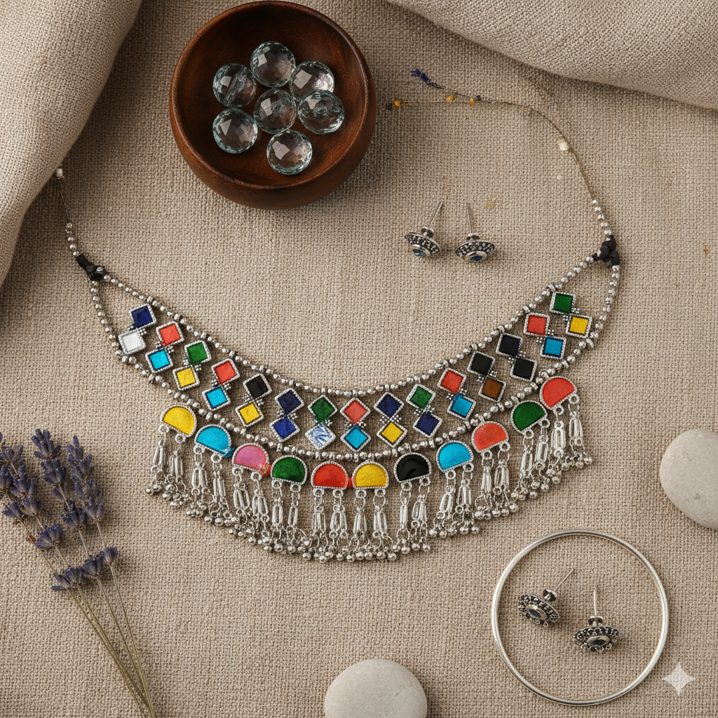 Tribal Oxidised Silver Look Multi-Colour Stone Choker Necklace