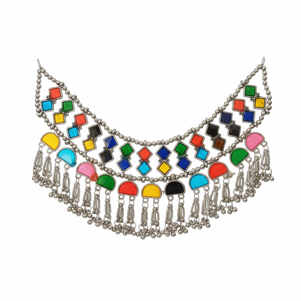 Tribal Oxidised Silver Look Multi-Colour Stone Choker Necklace